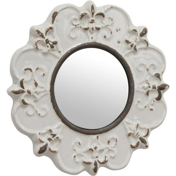 Round Off White Ceramic Accent Wall Mirror with Attached Hanging Loop - Picture 2 of 7